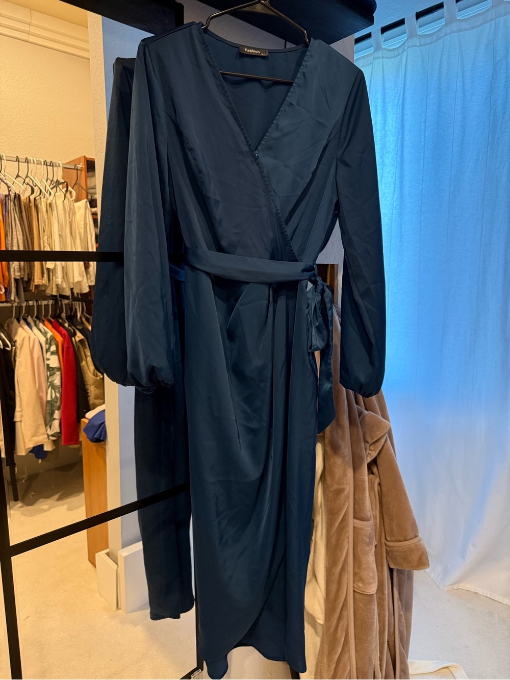 Deep Teal Wrap Maxi Dress with Belt Satin Silk Finish